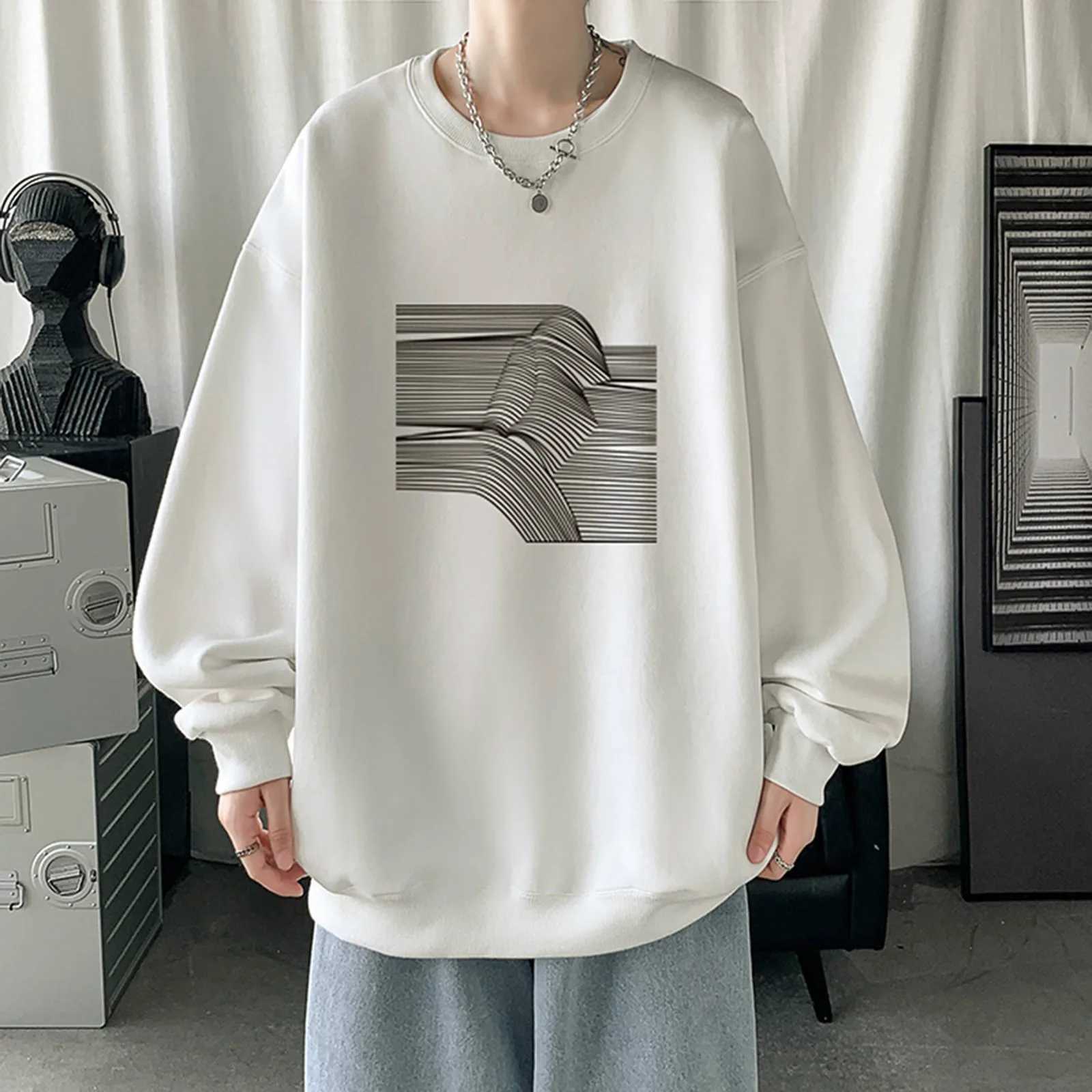 Heren Hoodies Sweatshirts Y2k Heren Hoodies Koreaanse mode Eenvoudige capuchonloze trui Oversized top met lange mouwen Blouse Japanse zwarte sweatshirts 24328