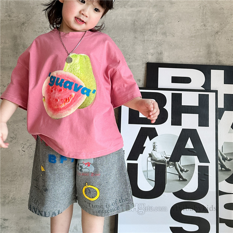 Moda infantil frutas impressas camisetas meninos algodão solto manga curta camisetas 2024 verão crianças dos desenhos animados shorts casuais z7392