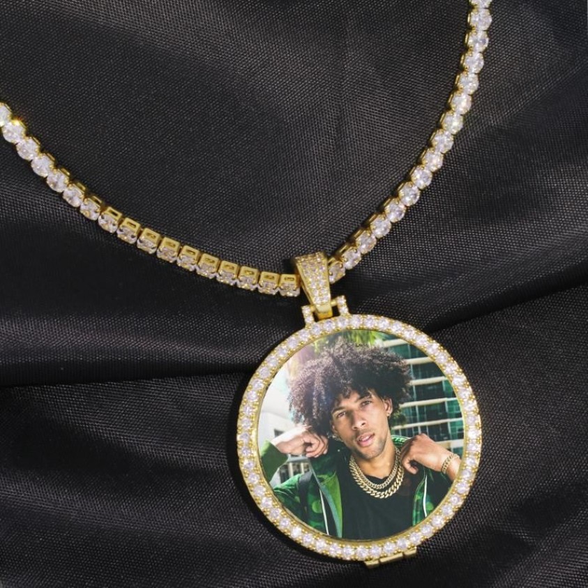 Pendant Necklaces Round Po Custom Made Medallions Picture Necklace & Tennis Chain Gold Color Cubic Zircon Men's Hip Hop Je336G