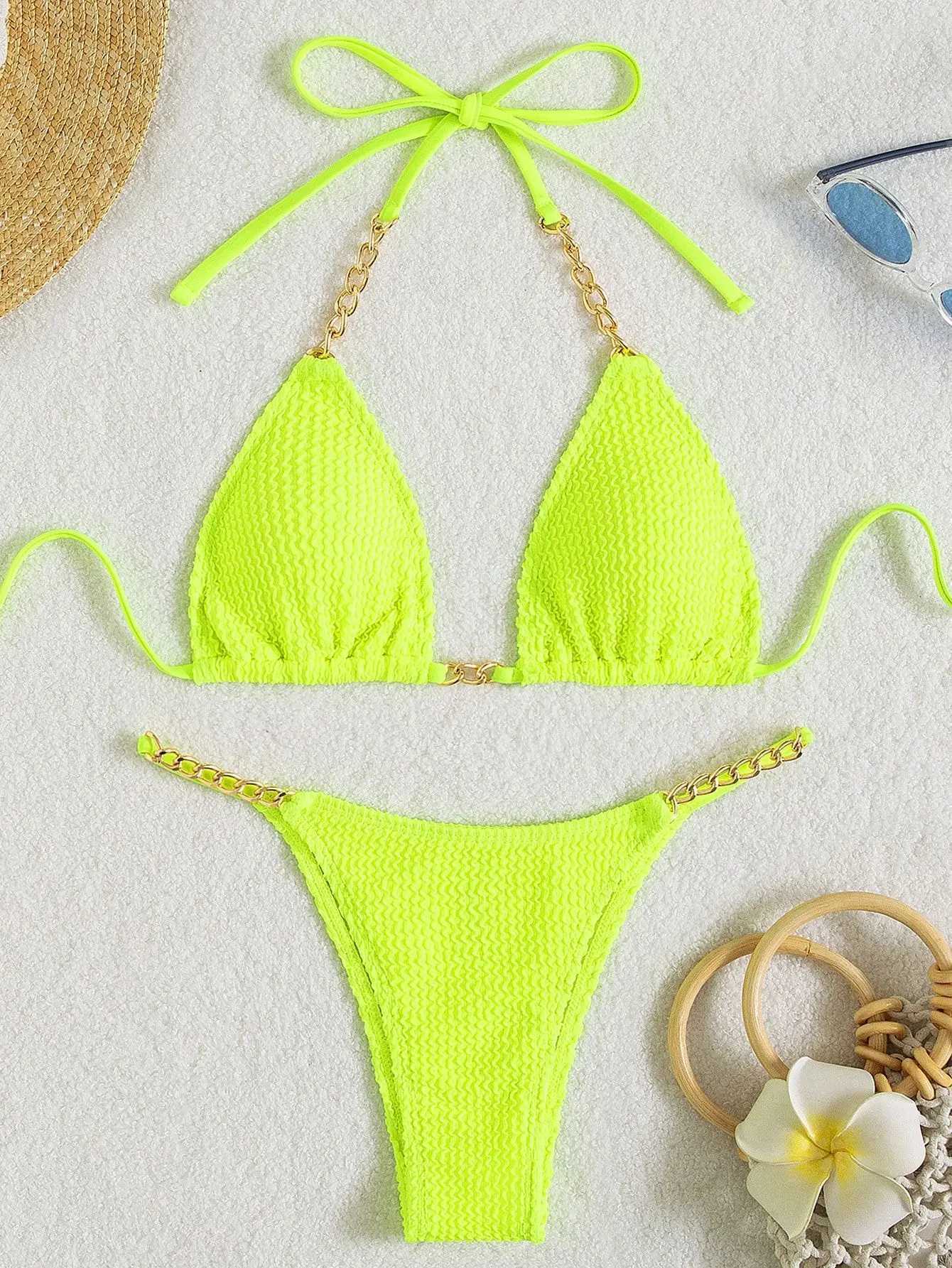 Women's Swimwear Sexy Neon Yellow Bikini Set 2022 Women Solid Black Pleated Push Up Swimsuit Summer Beach Bathing Suit Metal Chain Thong Swimwear T240328