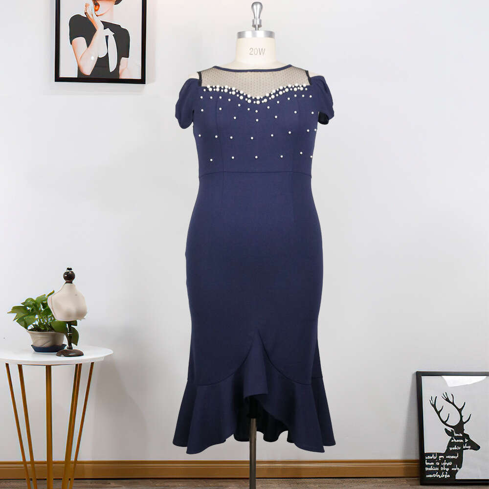 Платье в стиле пэчворк с круглым вырезом и бисером, с короткими рукавами, банкетное вечернее платье большого размера, вечернее платье 415055