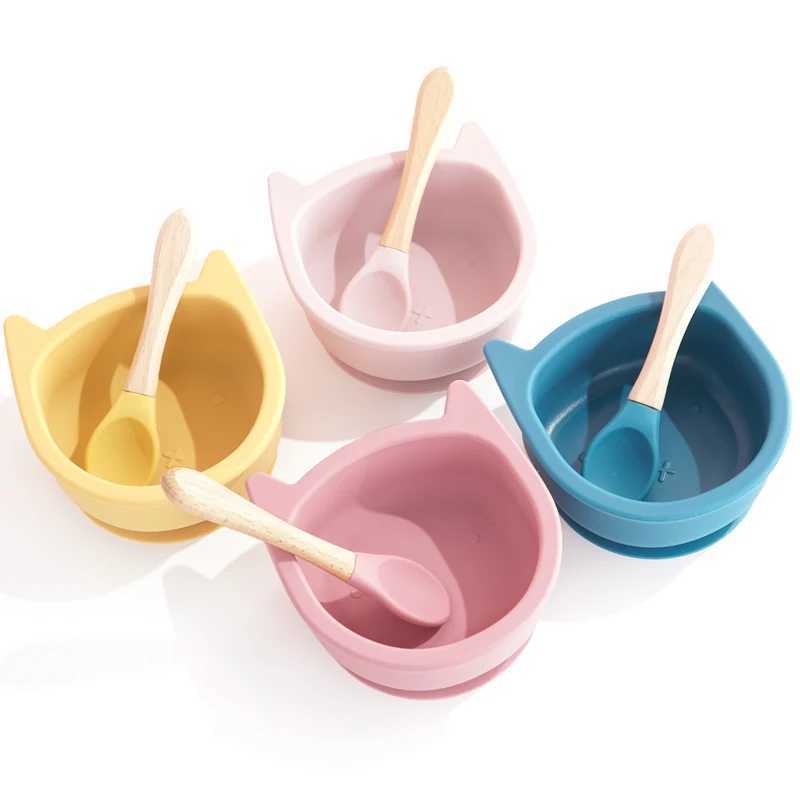 Cups Dishes Utensils Custom Cartoon Kitten Baby Silicone Bowl Kids Tableware Set Food Grade Silicone Baby Accessories BPA Free Baby Shower Gift 240329