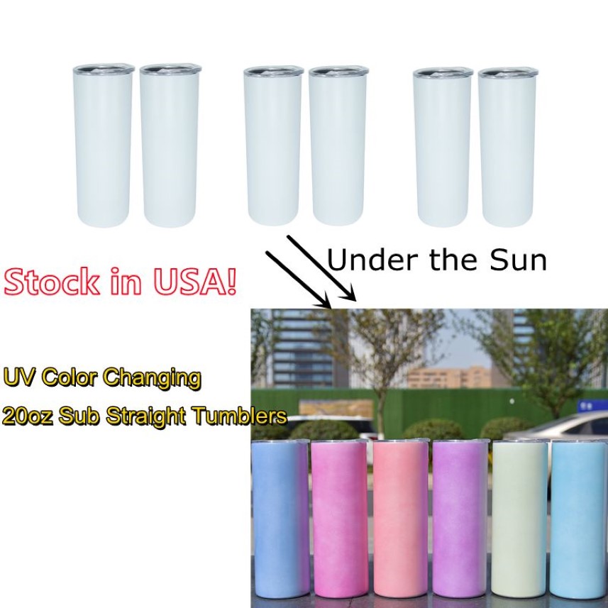 Stock in USA 20oz Sublimation Straight Skinny Tumbler Sunlight Sensing Stainless Steel Insulated Vacuum UV Color Changing Tumblers336T