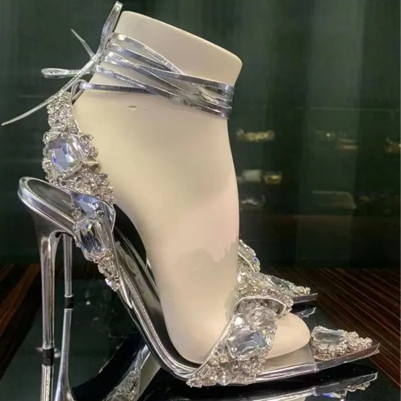 Metallic Crystal embellished Ankle-Tie Sandals heeled stiletto Heels for women Party Evening shoes open toe Calf Mirror leather luxury designers factory footwear