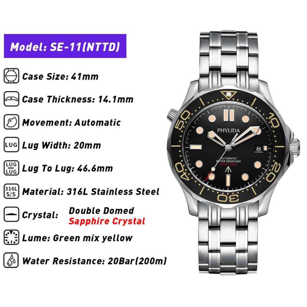 PHYLIDA Black Dial MIYOTA or PT5000 Automatic Watch DIVER NTTD Style Sapphire Crystal Solid Bracelet Waterproof 200M 210329247d