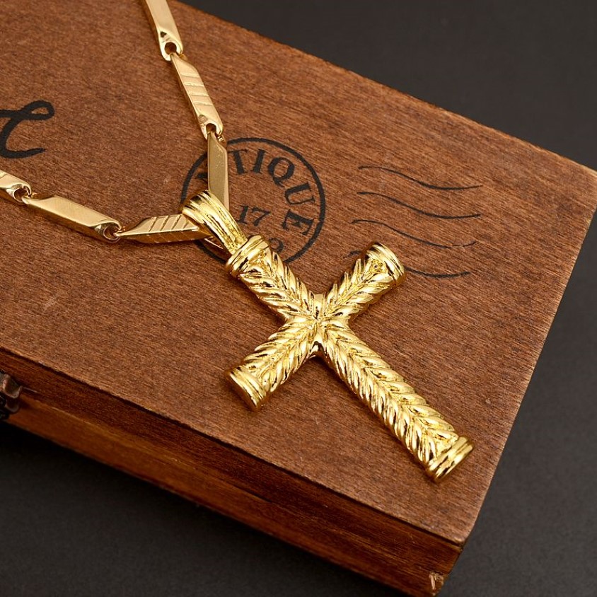 14k Solid Fine gold GF charms lines pendant necklace MEN'S Women cross fashion christian jewelry factory wholecrucifix go226n