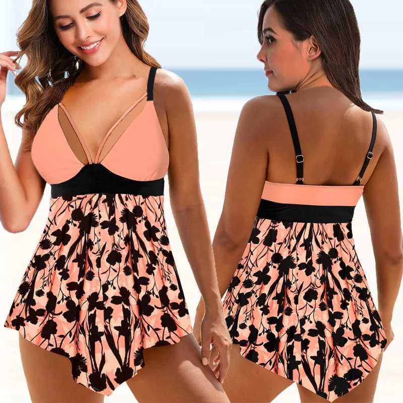 Mulheres Swimwear 2022 Novo Tamanho Grande Mulheres Imprimir Duas Peças Bikini Set Sexy Tankini Maiô Feminino Swimdress Monokini Verão Swimwear Beachwear T240328