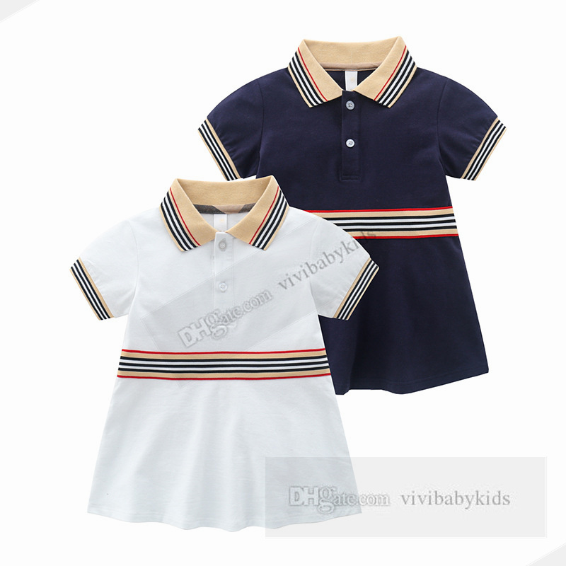 أزياء Baby Girls Stripe Short Sleeve Dresses Summer Children Polo Lapel Cotton Princess Dress Toddler Kids Designer Clothing Z7403