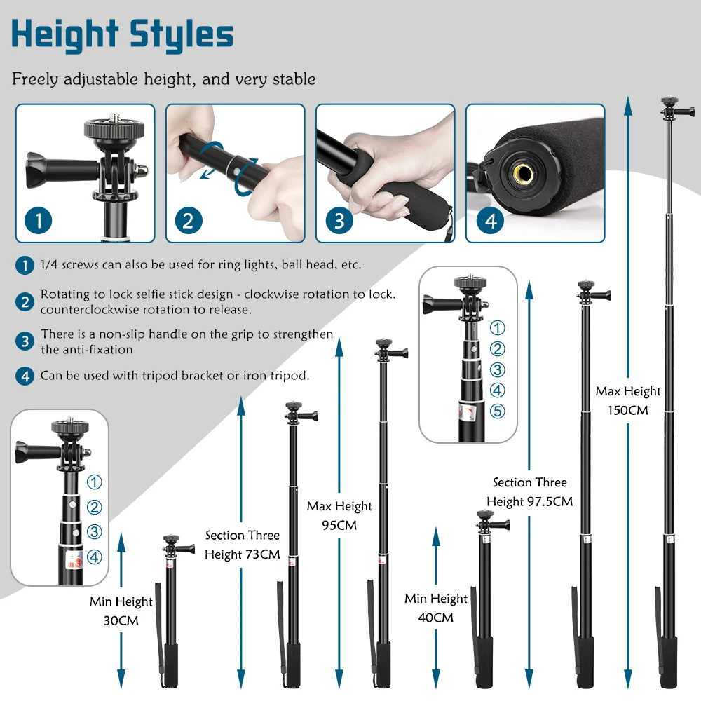 Selfie Monopods SH 90/150 cm Regulowane selfie Stick z bezprzewodowym kompatybilnym Bluetooth i klipsem do smartfona na żywo na żywo YouTube Outdoor 24329