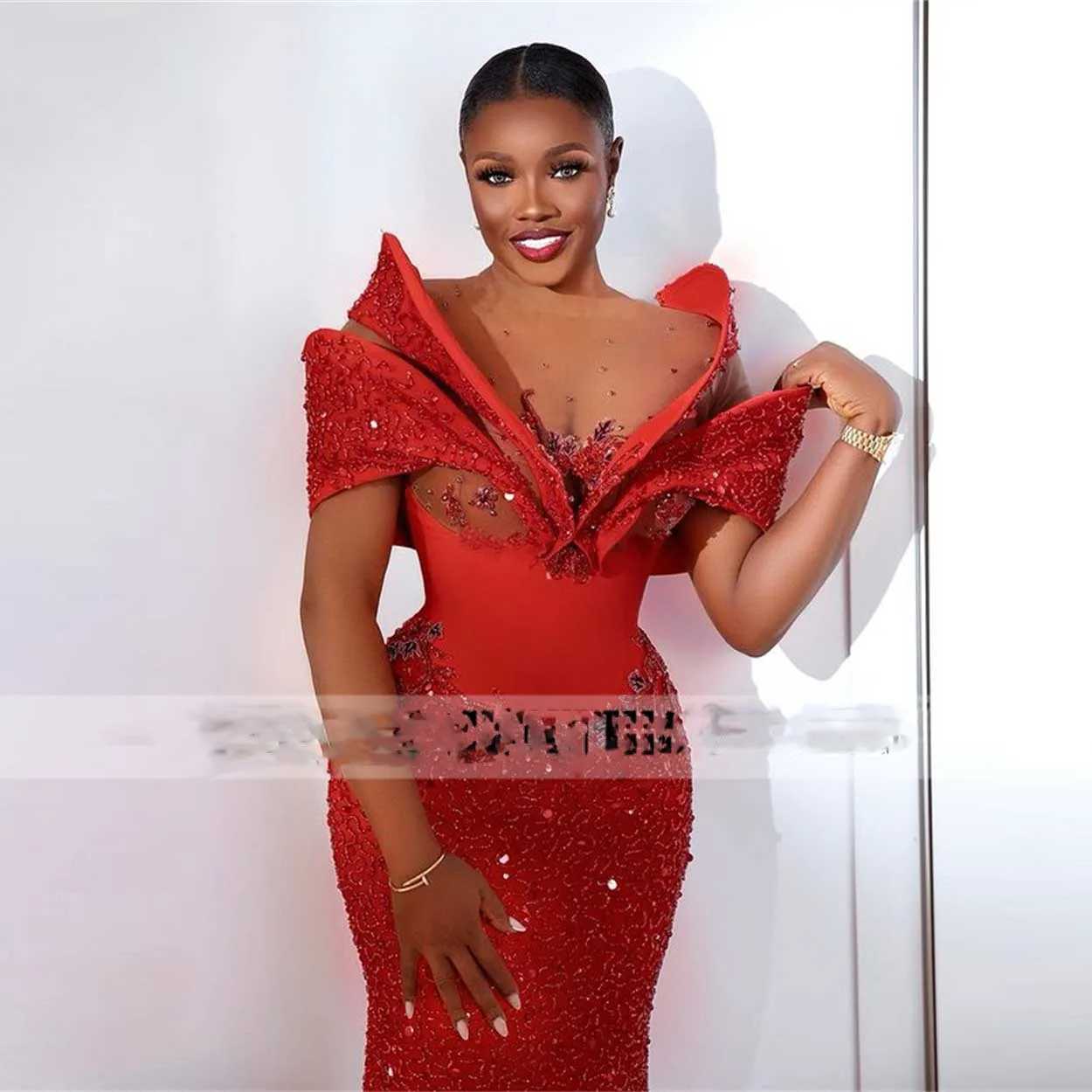 Urban Sexy Dresses Red Prom African Women Vestidos de Ocasin Formales paljetter Evening Dress Applique Beads Party Gowns For Wedding Luxury YQ240329