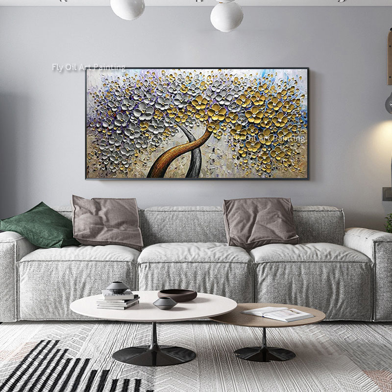 Arte de árvore texturizada feita à mão grande torre florescendo árvore pintura a óleo sobre tela arte abstrata em tela arte contemporânea de árvore pinturas impressionantes arte de parede de sala de estar