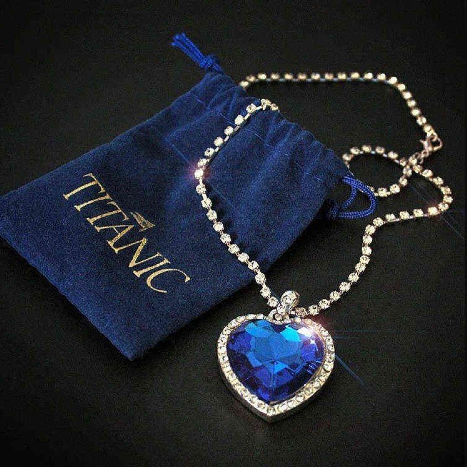 Titanic Heart of Ocean Blue Heart Love Forever Anhänger Halskette Samtbeutel Y1218291l