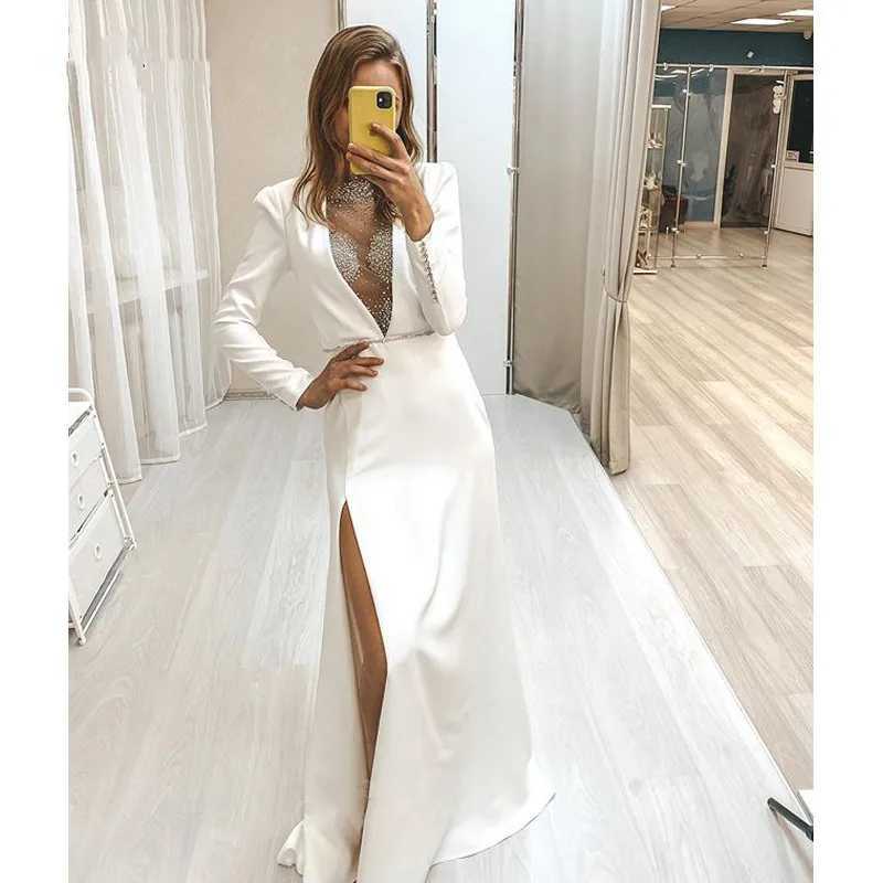 Robes sexy urbaines de luxe en satin perlé mariage 2024 manches longues une ligne dos nu côté fendu robes de mariée princesse robe de soirée sur mesure yq240329