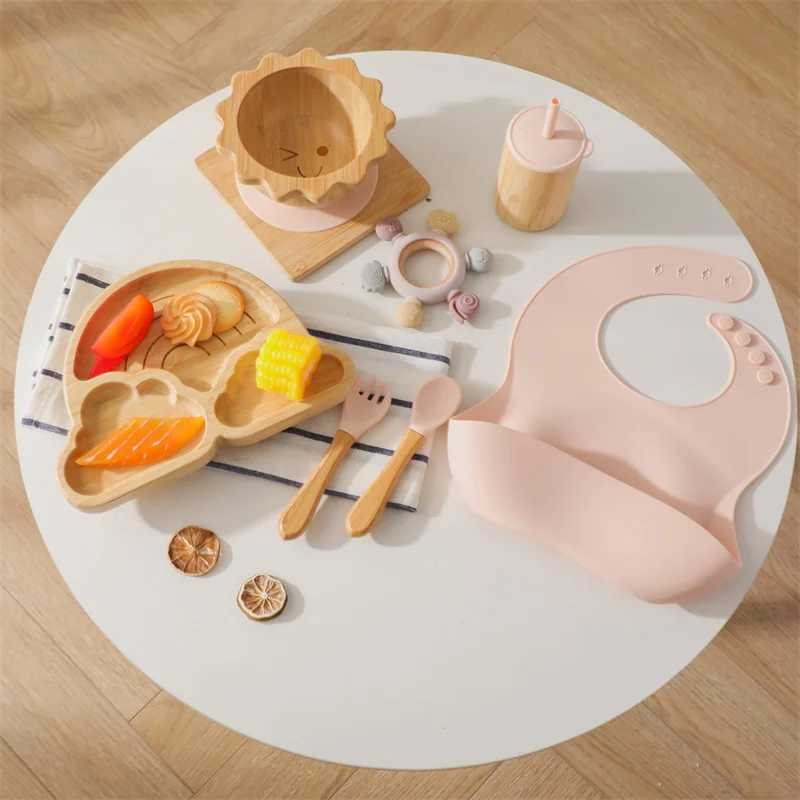 Copos Pratos Utensílios Bebê Bambu Madeira Talheres Conjunto Nuvens Jantar Prato Sol Tigela Com Silicone Sucção Garfo Colher Copo Bebê Louça Alimentação Presente 240329