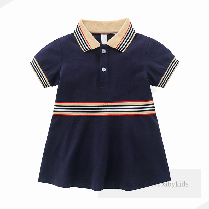 أزياء Baby Girls Stripe Short Sleeve Dresses Summer Children Polo Lapel Cotton Princess Dress Toddler Kids Designer Clothing Z7403