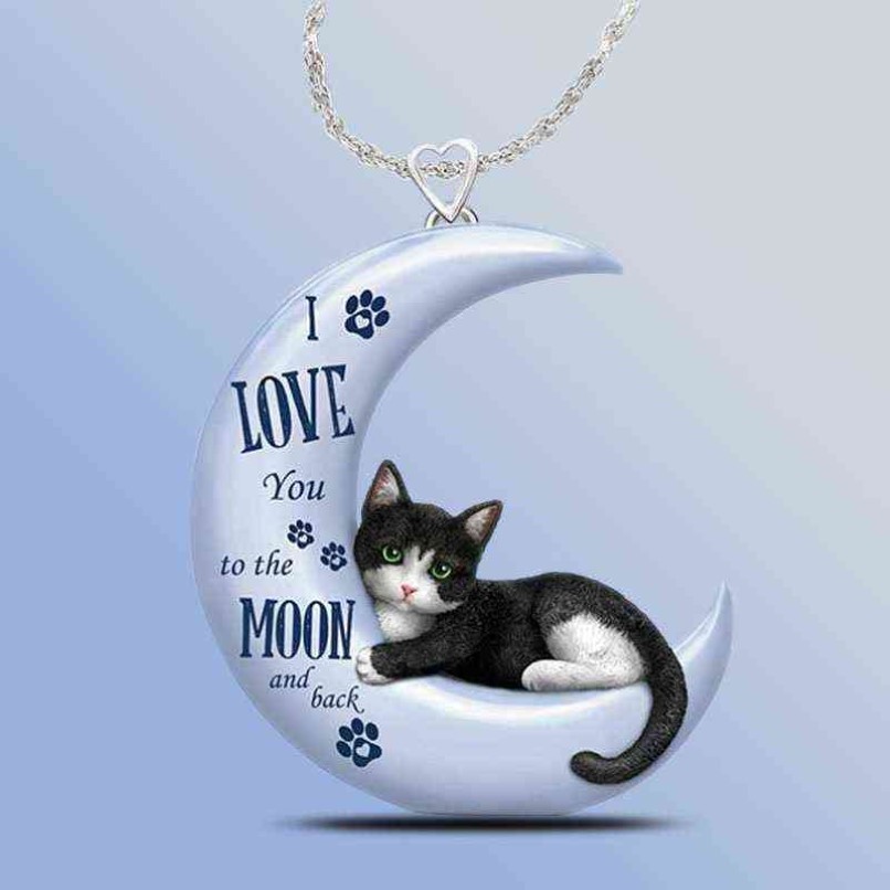 Requintado lua azul gato pingente colar para mulheres bonito crescente pingente colar casamento noivado jóias presente para filha g12235g