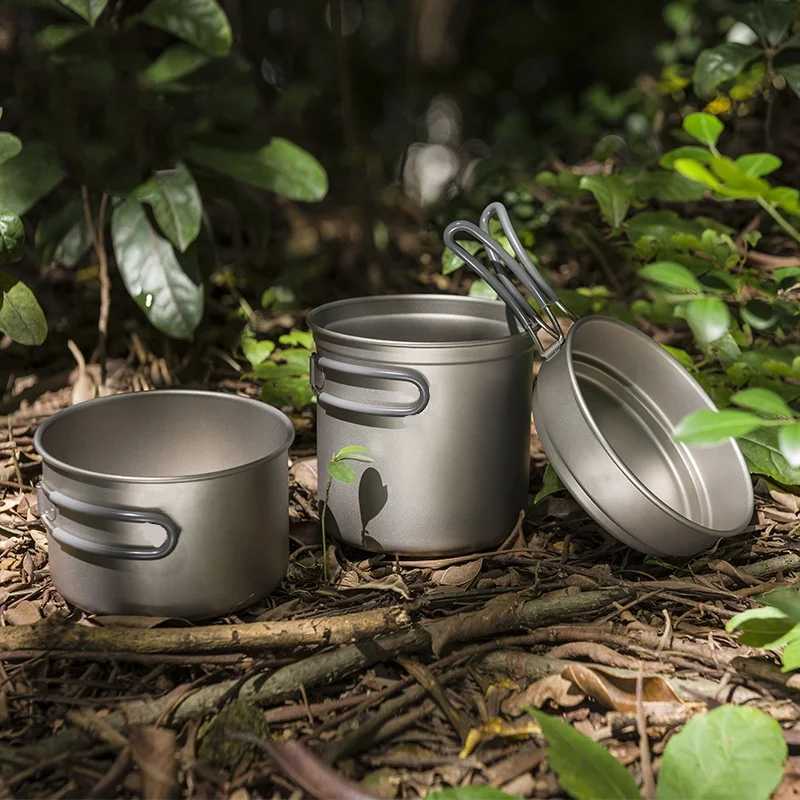 Camp Kitchen Pure Titanium Cookware Foldable Cookware Outdoor Camping Bowls Camping Pot Sets Cooking Pot 1250ml + Frying Pan 800ml Ti6017 240329