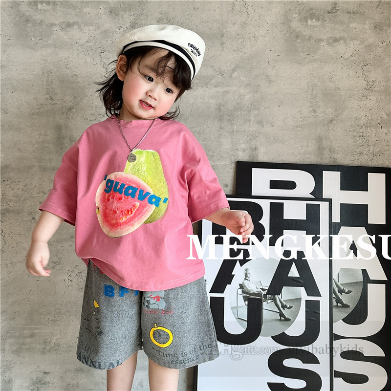 Moda infantil frutas impressas camisetas meninos algodão solto manga curta camisetas 2024 verão crianças dos desenhos animados shorts casuais z7392