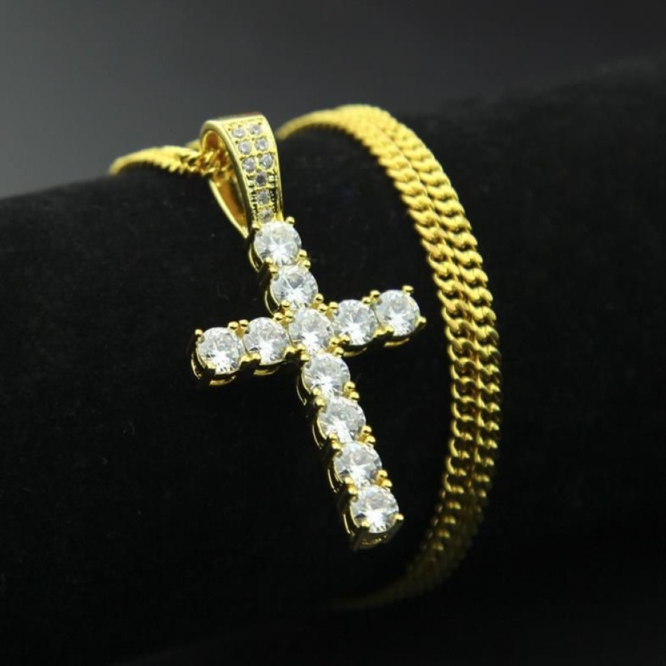 Collana con ciondolo croce Hip Hop con catena da 60 cm uomo e donna Gioielli da uomo in rame ghiacciato con zirconi cubici N340297S