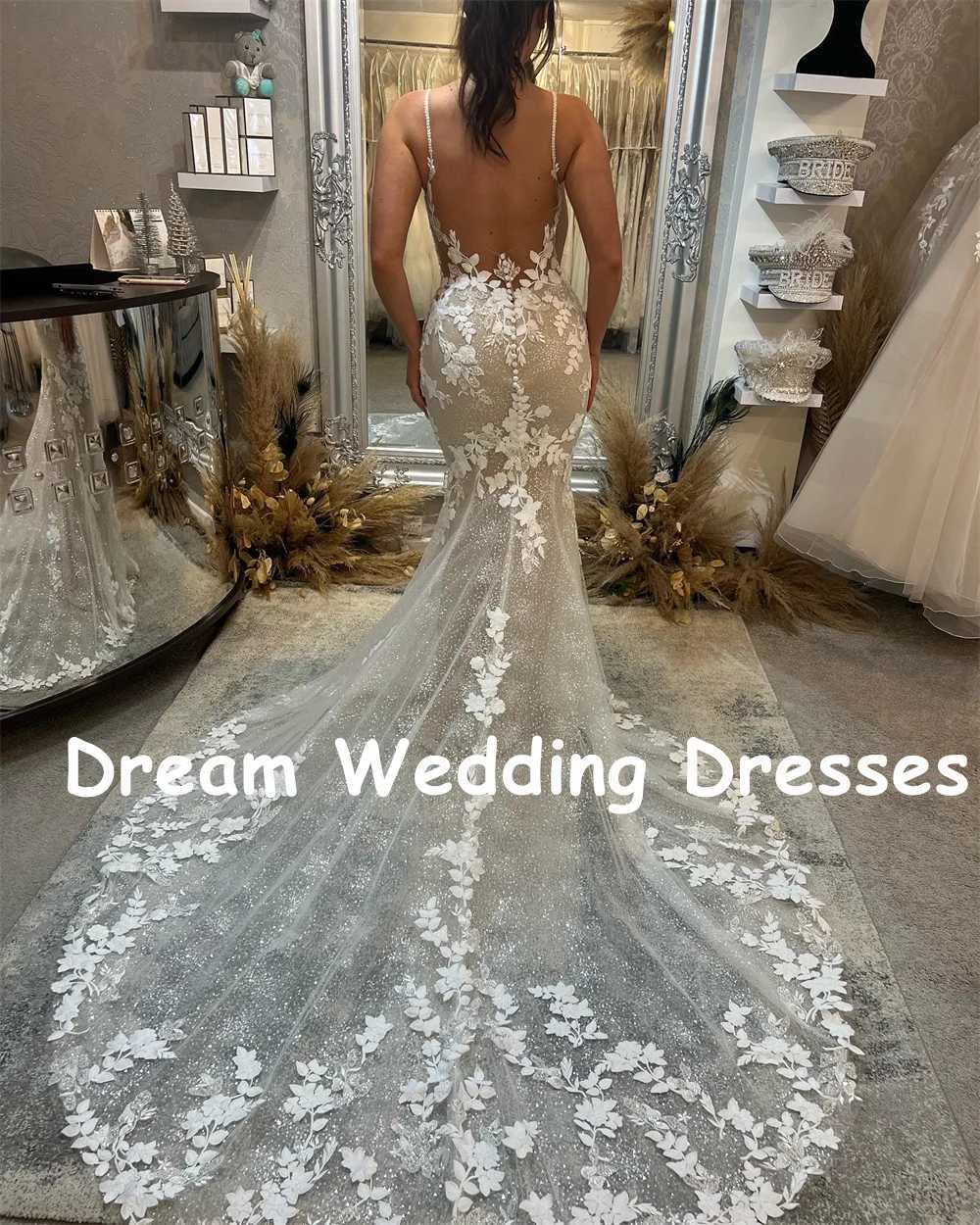 Robes Sexy urbaines DREAM bretelles Spaghetti col en V sirène mariage dentelle Appliques magnifique robe de mariée balayage train Bohomian robe de mariée yq240329