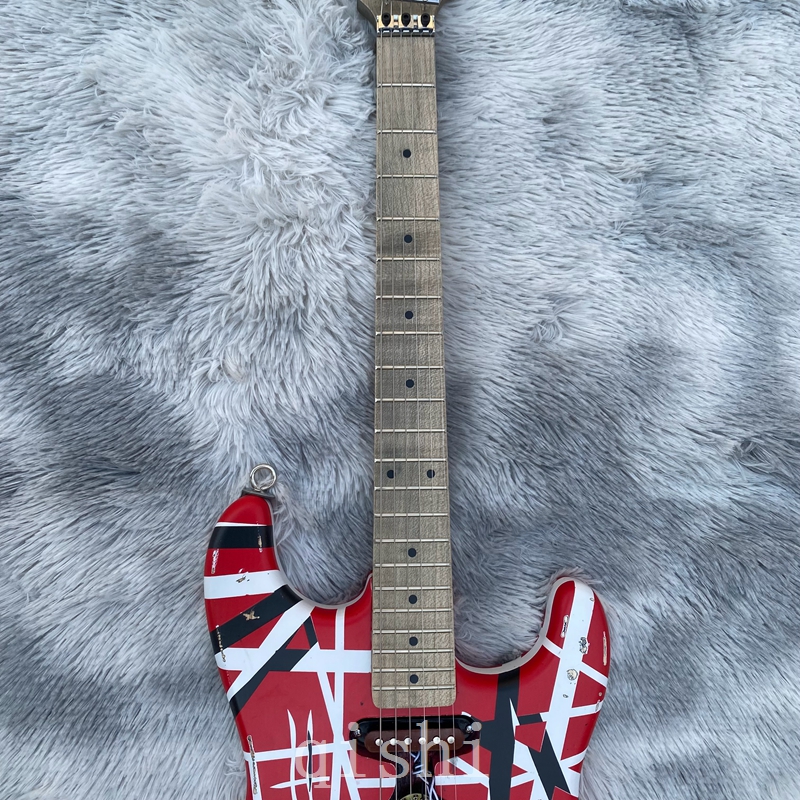 Chitarra elettrica Edward Eddie Van Halen Black White Stripe Red Heavy Relic Maple Neck, Frankenstein Frankenstrat Tribute real reflector