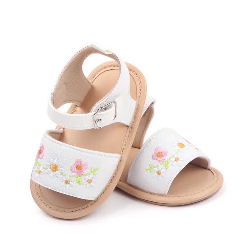 Sandálias para bebês meninas, sandálias fofas de verão com bordado floral, sola macia antiderrapante, sapatos para primeiros passos para praia ao ar livre 24329