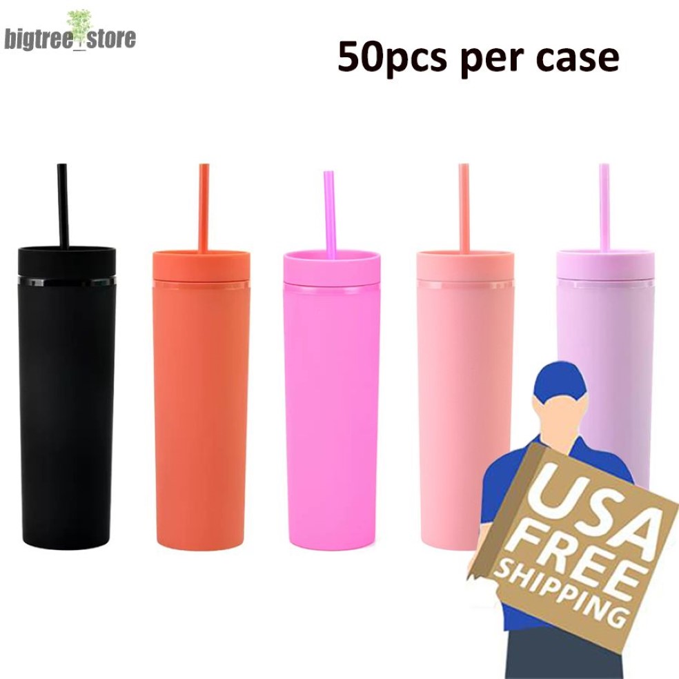 US warehouse 16oz Skinny Tumbler Matte Colorful Acrylic Mug same color Lid and Straw Jelly Double Wall Plastic Tumblers C274L