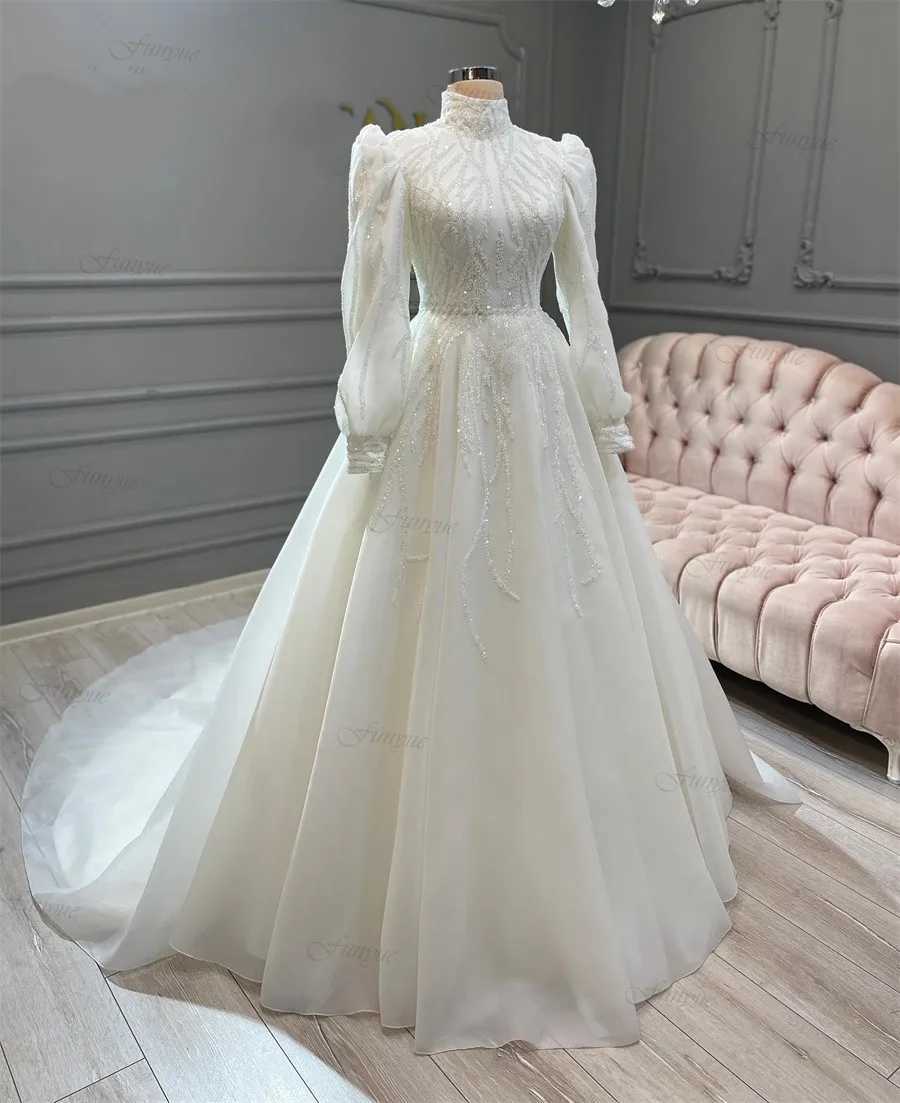 Funyue – robe de mariée musulmane à manches longues, col haut, ligne a, en Organza, perles, Abito Da Sposa, dubaï, robes de mariée de luxe, nouvelle collection 2023, yq240329