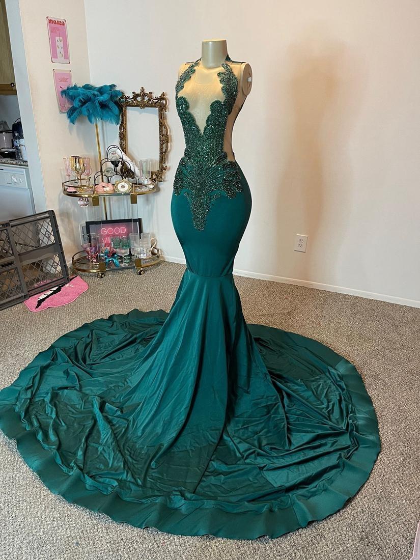 2024 Plus Size Prom Dresses for Black Women Girls Promdress Hunter Green Illusion Evening Formal Dress Rhinestones Decorated Birthday Gown for Occasions NL664