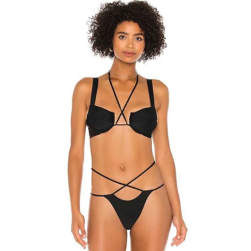 Maillots de bain pour femmes 2022 Nouveau européen et américain sexy cravate noire bikini fendu creux maillot de bain femme 2 pièces ensemble femmes J240330