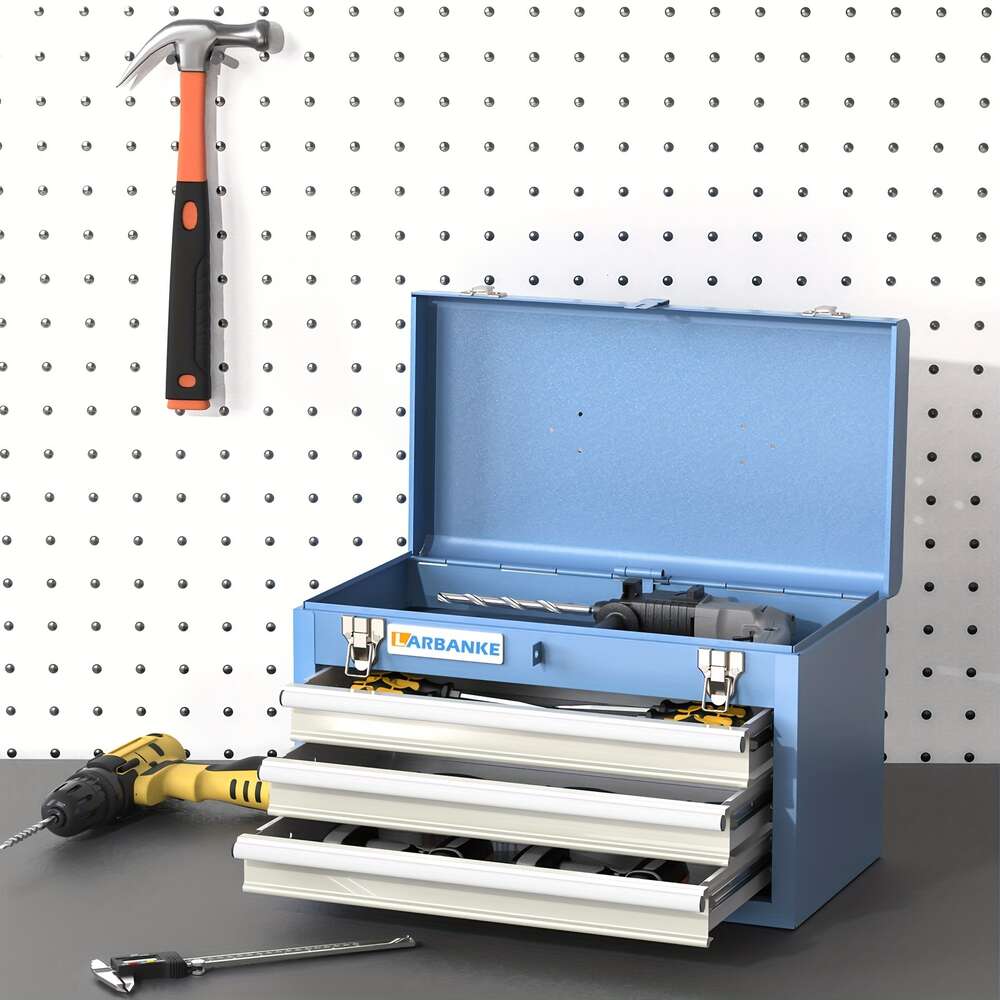 LARBANKE Scatola Portatile, Vassoio Portaoggetti Superiore a 3 Cassetti, Cassettiera in Metallo con Serratura, 3 Cassetti con Rivestimento, Garage, Magazzino, Officina di Riparazione e Casa, Cassetta degli Attrezzi Blu