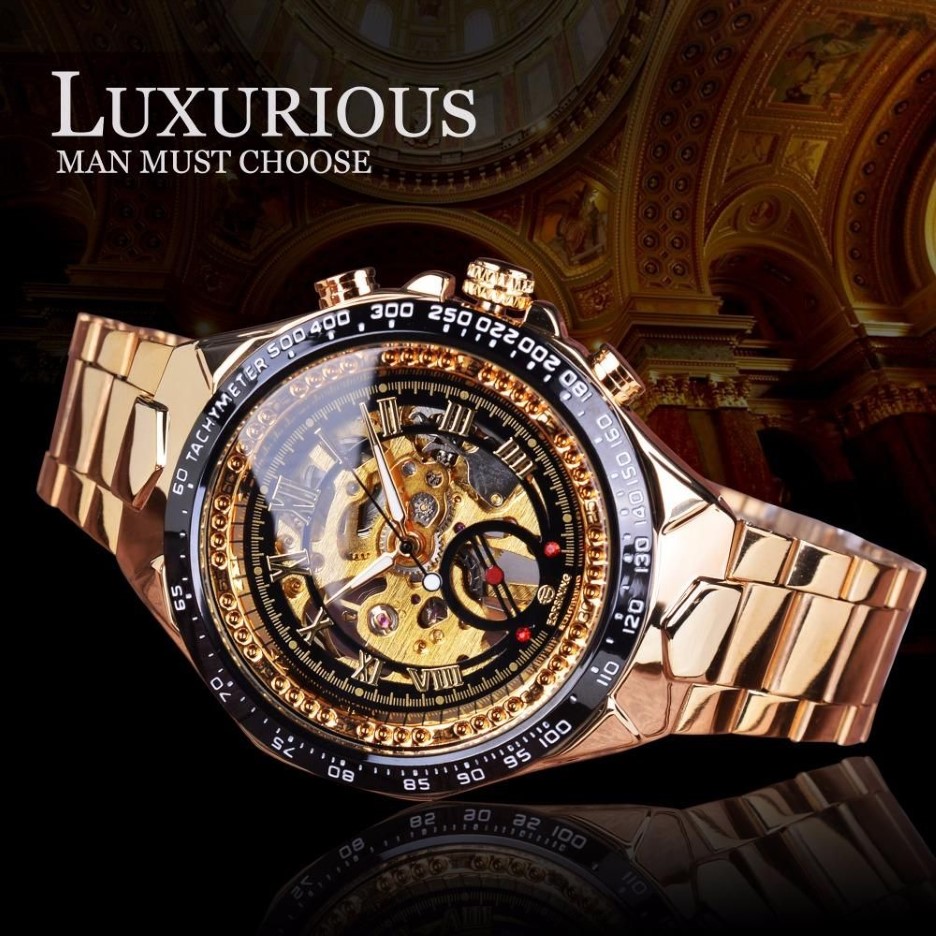 Forsining Roestvrij Staal Klassieke Serie Transparant Gouden Beweging Steampunk Mannen Mechanische Skeleton Horloges Topmerk Luxury219b