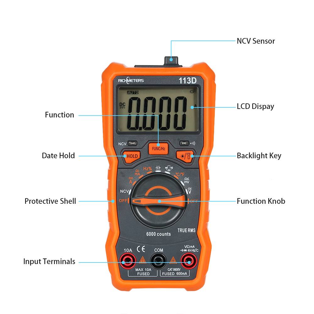 RM113D RM113A Digital Multimetro NCV Tester 6000 Counti Auto che range la temperatura di tensione AC/CC Misurazione del misuratore universale magnetico