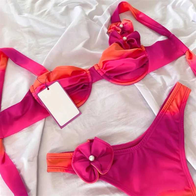 Maillots de bain pour femmes 3D rose bikini micro dégradé maillot de bain string maillot de bain cravate brésilienne solide robe d'été plage maillot de bain plissé J240330