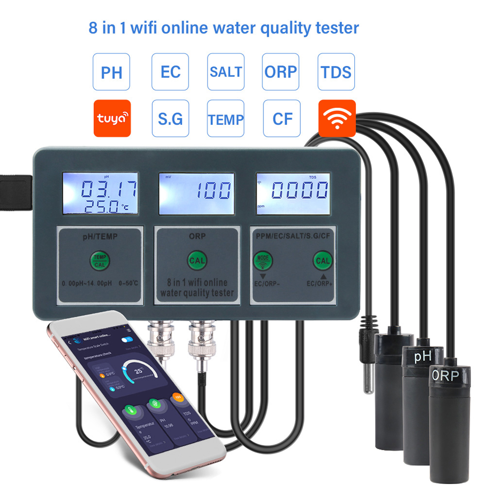 Tuya WiFi 8 in 1 waterkwaliteitsdetector S.G/pH/EC/ORP/TDS/CF/ZOUT/TEMP MAATSCHAPPARTER WATERWATERWERKERWATERWATERVOERTESTER