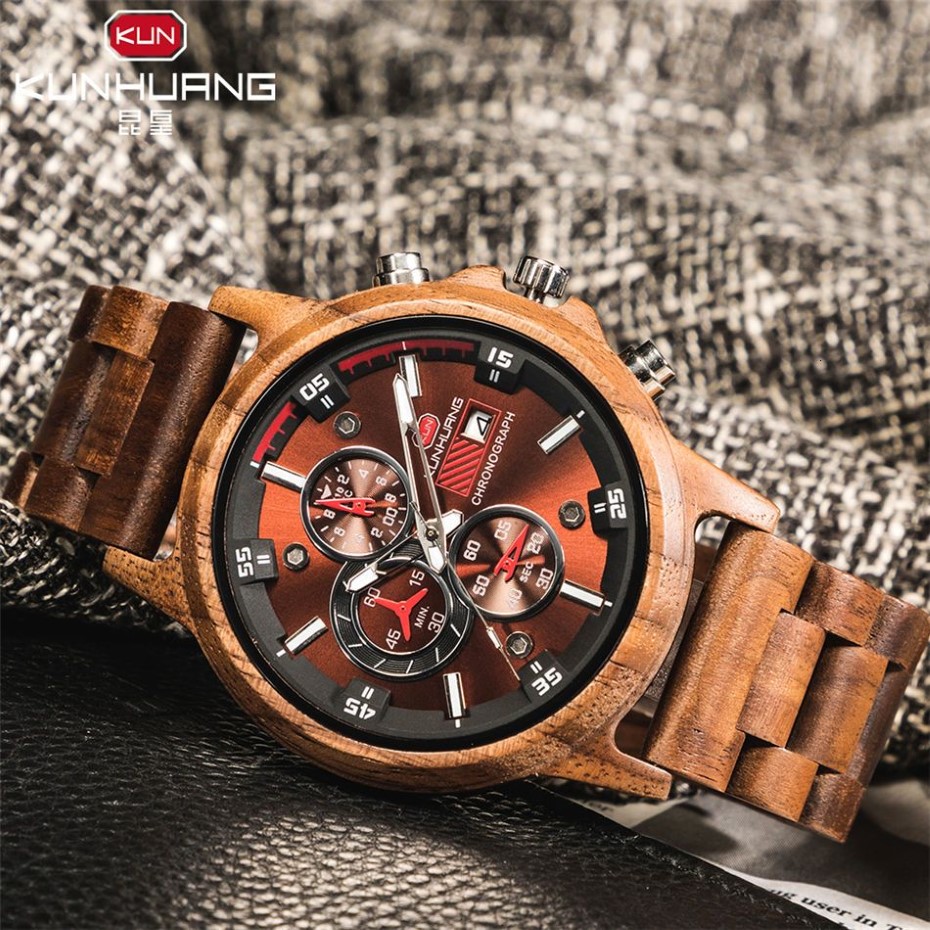 Orologi da uomo in legno Moda casual Elegante cronografo in legno Orologi al quarzo Sport Orologio militare all'aperto Regalo uomo LY191305Q