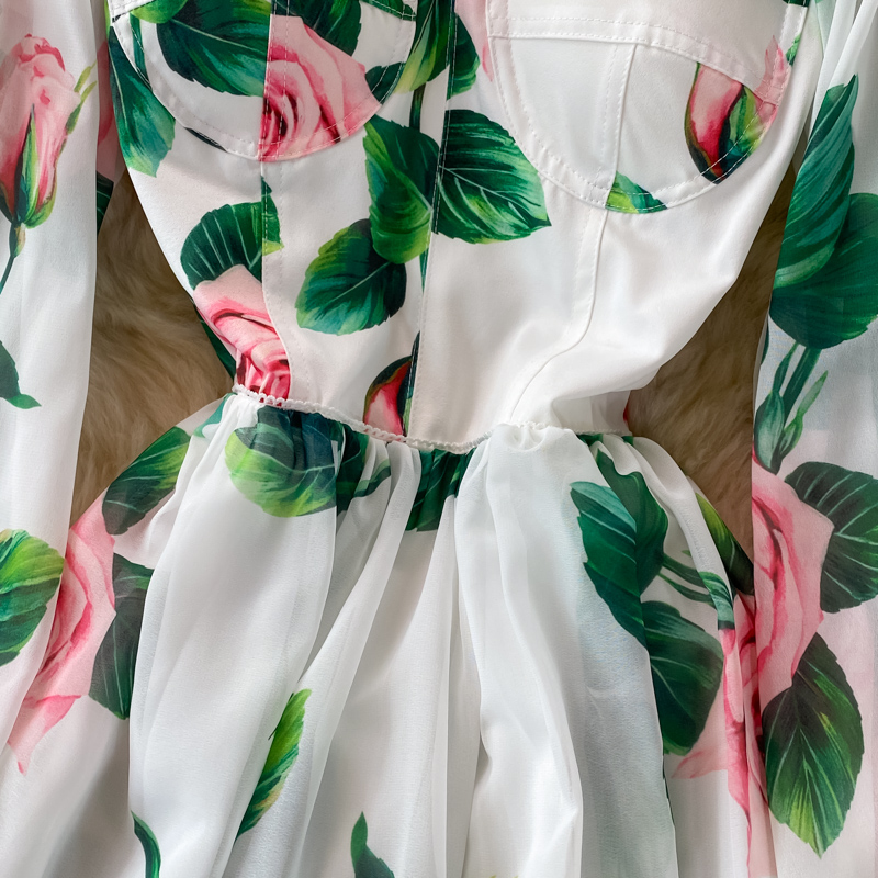 Dames Basic Casual Jurken Zomer Rose Bloemen Boheemse Maxi-jurk Dames Slash Neck Lantaarnmouwen Ruglooze Gewatteerde Cup Bloemenprint Strand Lange gewaden 2024