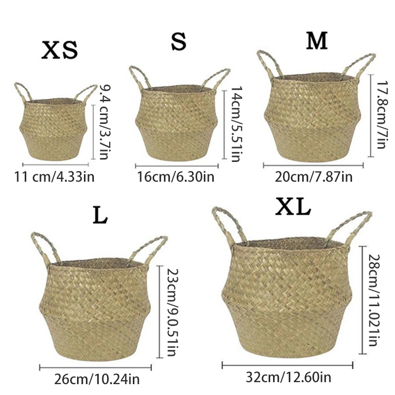 Natural Seaweed Woven Storage Pot, Foldable Basket, Hanging Container Case, Garden Planter, Flower Vase, Home Decor, XS-XL