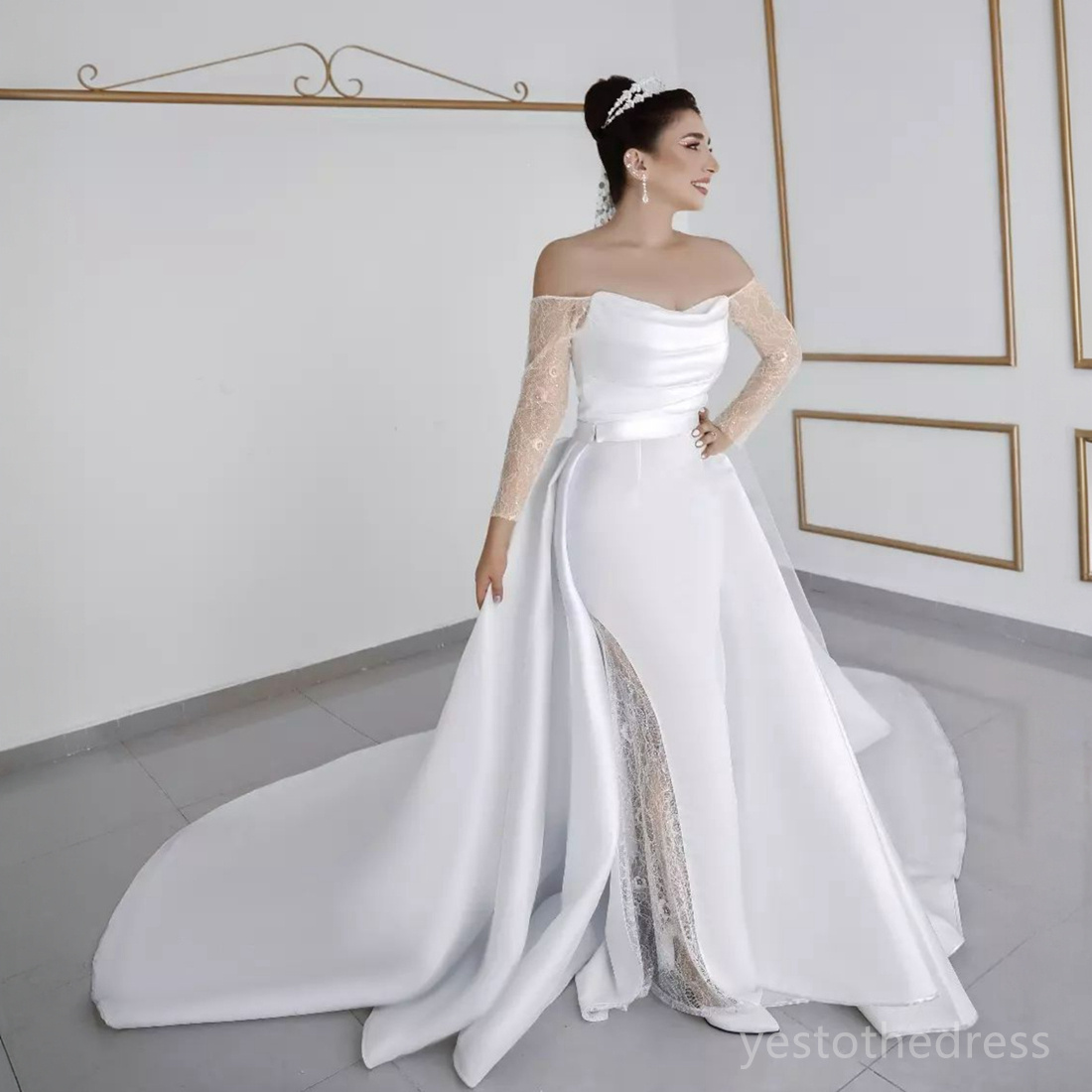 2024 Abiti da sposa a sirena Abiti da sposa con strascico staccabile con spalle scoperte Illusion maniche lunghe in pizzo con perline Elegante abito da sposa donne nere africane D205