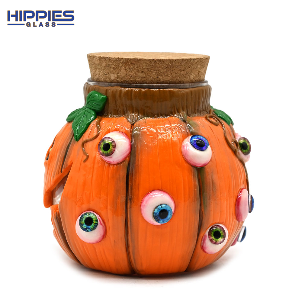 11cm/4.3in,Polymer Clay Tobacco Storage Jar With Cute Pumpkin,Glow In Dark,Tobacco Moisturizing Jar,Borosilicate Glass Cigarette Leaf Jar,Glass Ashtray With Lid