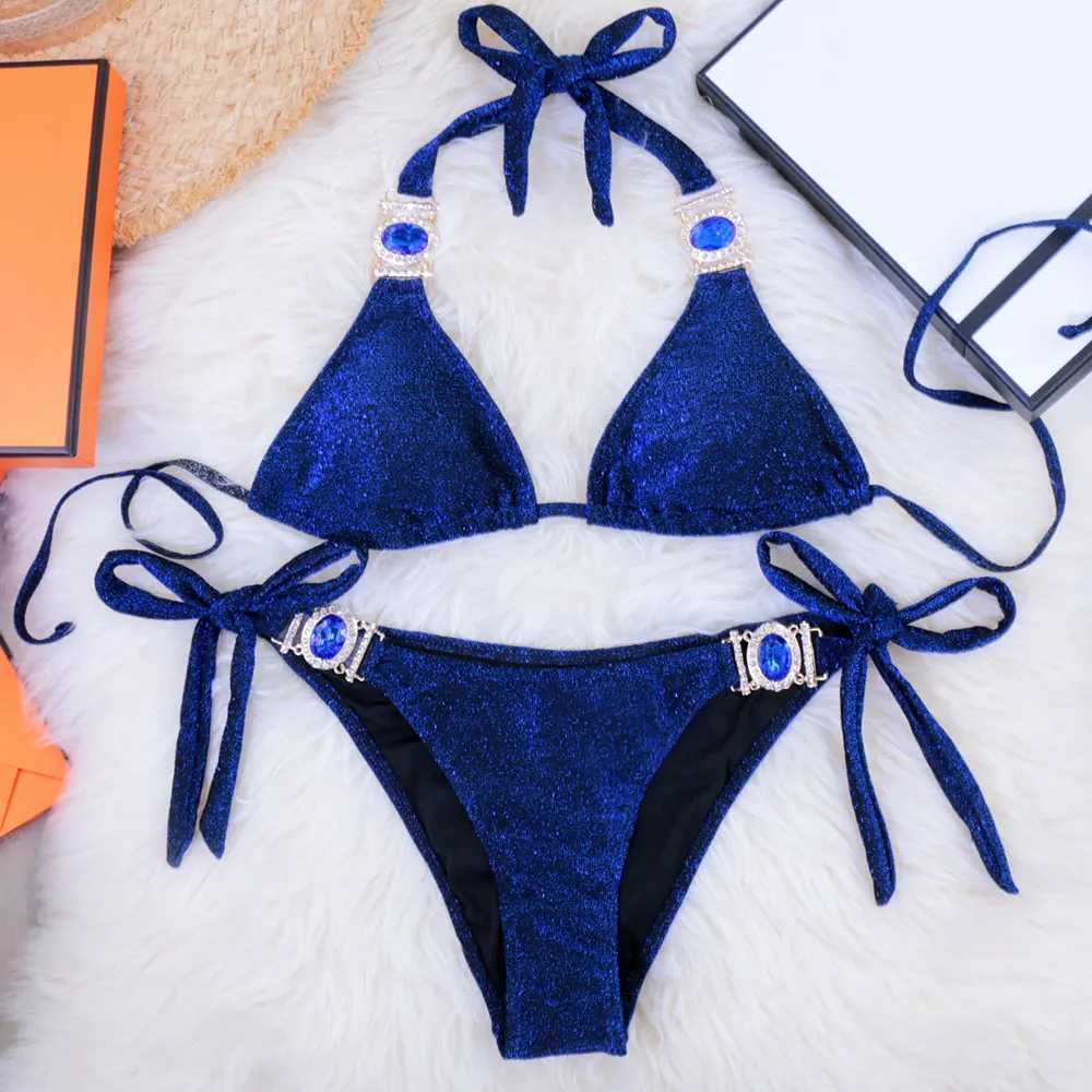 Women's Swimwear Sapphire Blue Bikini Shiny Bikini Set Girl Crystal Two Piece Swimwear Womens Swimwear Push Up Swimwear Beach Suit J240330