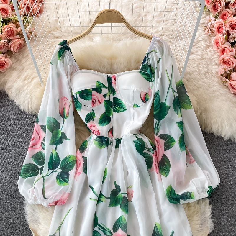 Dames Basic Casual Jurken Zomer Rose Bloemen Boheemse Maxi-jurk Dames Slash Neck Lantaarnmouwen Ruglooze Gewatteerde Cup Bloemenprint Strand Lange gewaden 2024