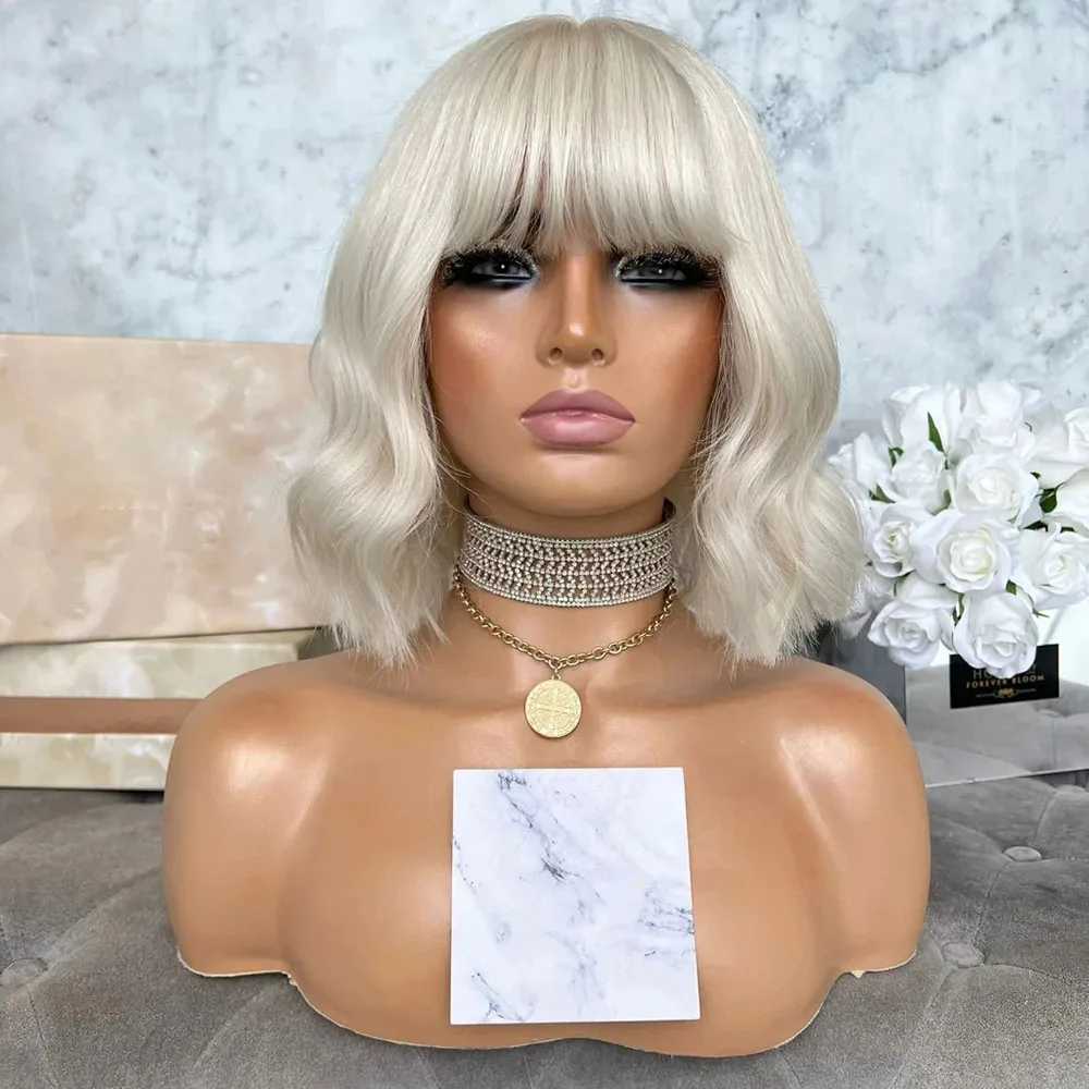 Nxy Vhair Wigs Rongduoyi Short Bob Light Blonde Body Wave Synthetic Shouler Length Hair with Bangs Lace Front Wig Party Cosplay Women Use 240330