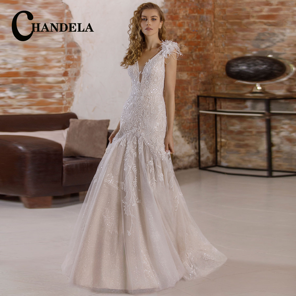 CHANDELA Sparkly Trumpet Wedding Dresses Feathers Scoop Pleat Appliques Bridal Gown Vestidos De Novia Personalised For Women