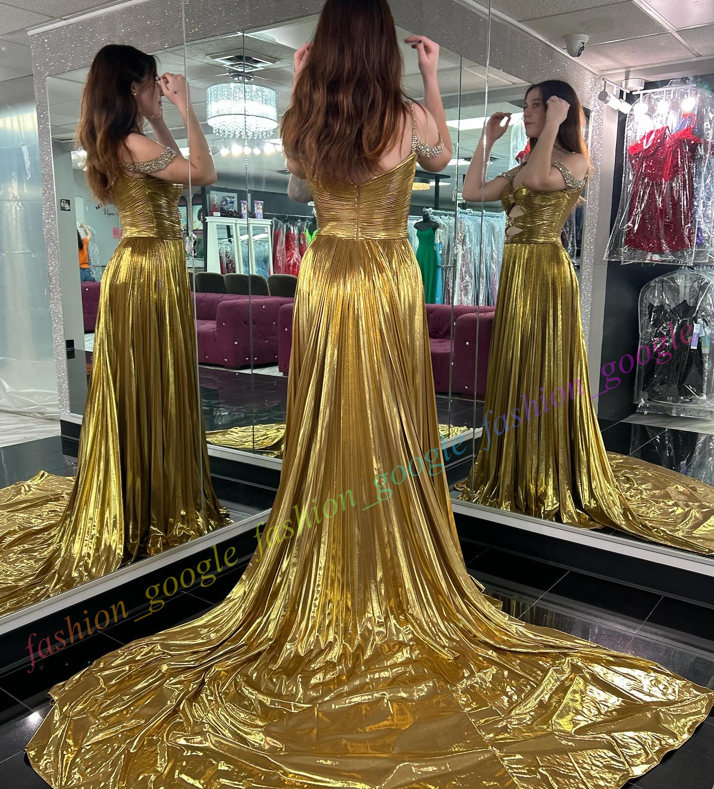 Gold Metallic Prom Dress Beaded Off-Shoulder Pleated A-Line High Split Side Long Winter Formal Event Party Gown Red Carpet Runway Oscar Gala Pageant Cut-Out Silver