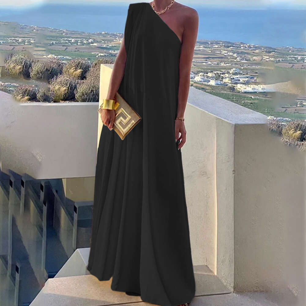 Robe de soirée longue à une épaule unie pour femmes 674580