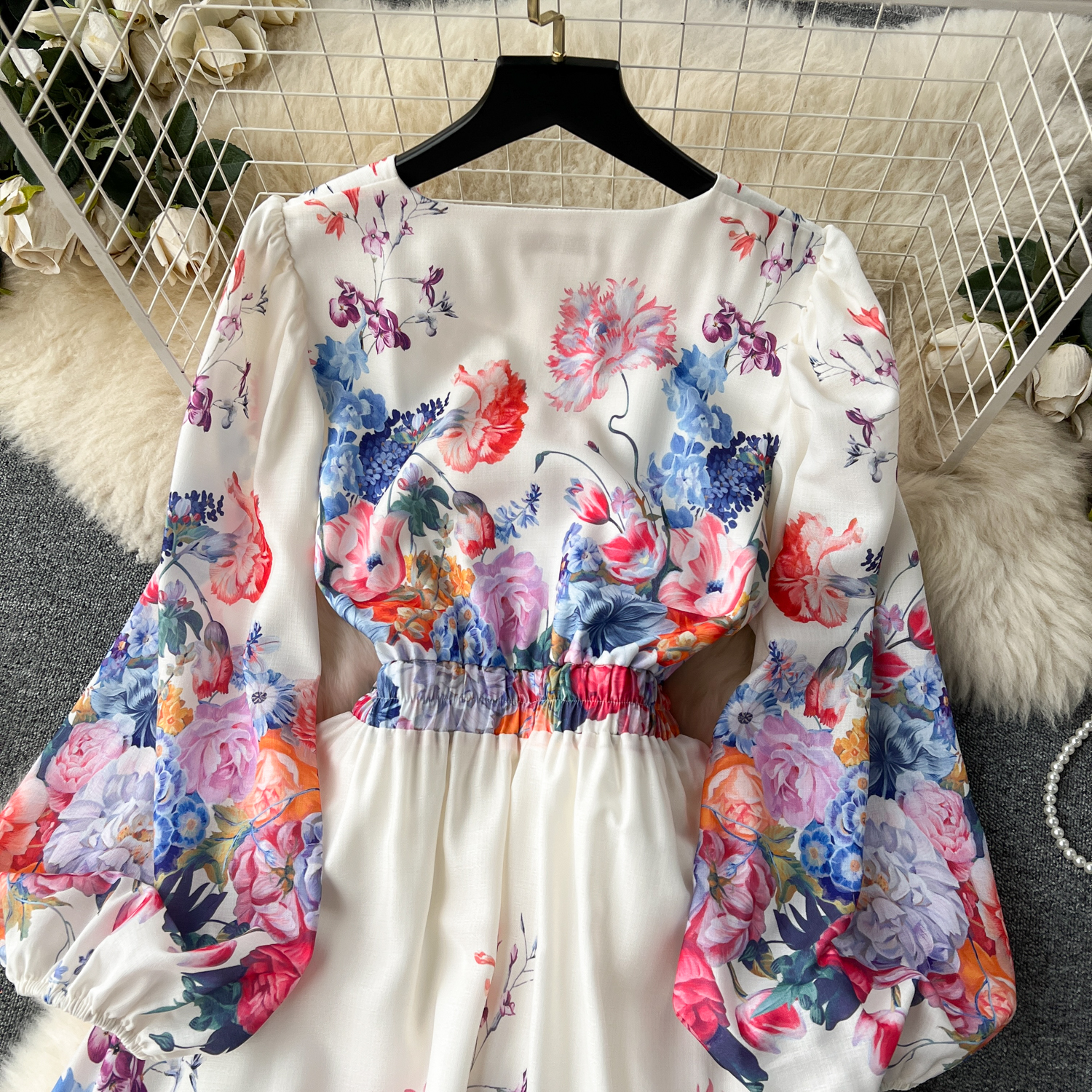 Grundläggande casual klänningar vårhelg FLOWER LINEN MAXI DRESS ELEGANT V-NECK Elastic midja Long Lantern Sleeve Prom Robe Clothes Party Vestidos 2024