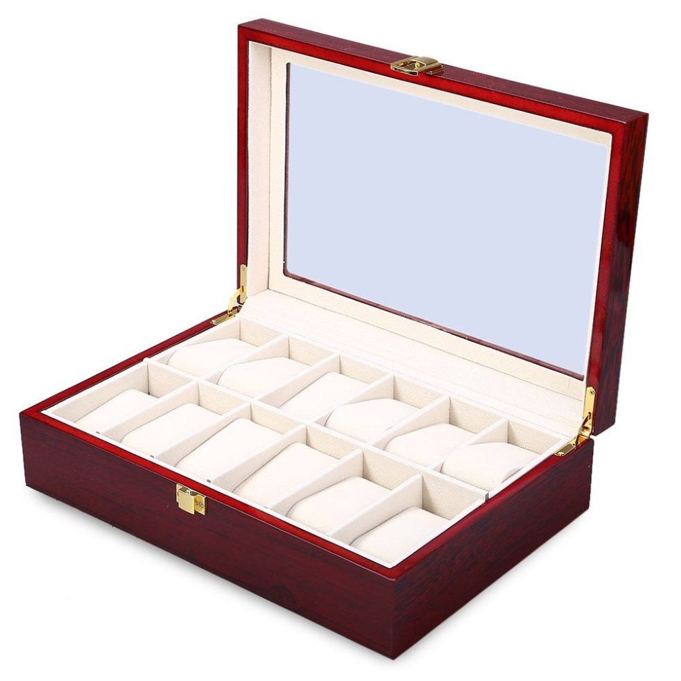Whole-2016 Nuovo 12 Grid Wood Watch Display Box Case Trasparente Lucernario Confezione regalo Collezioni di gioielli Display Case1896