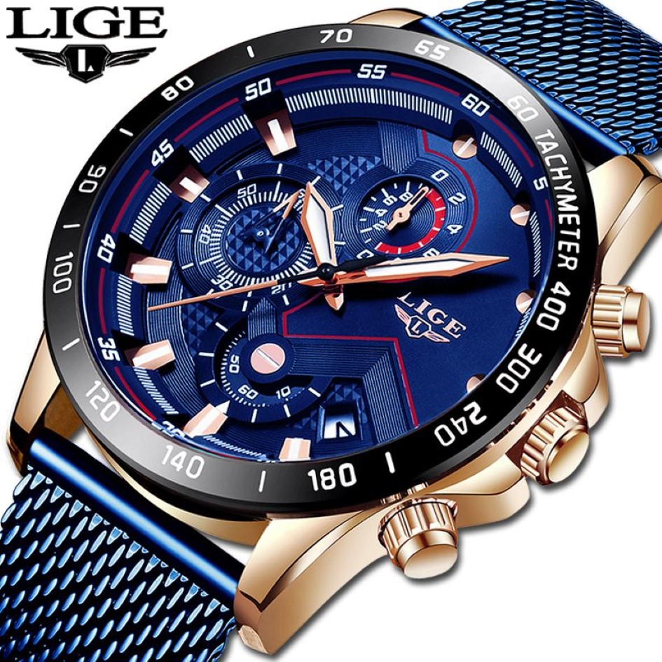 Lige Fashion Mens Watches Top Brand Luxury Wristwatch Quartz Cloart Blue Watch Men Waterproof Sport Chronograph Relogio Masculino C205L