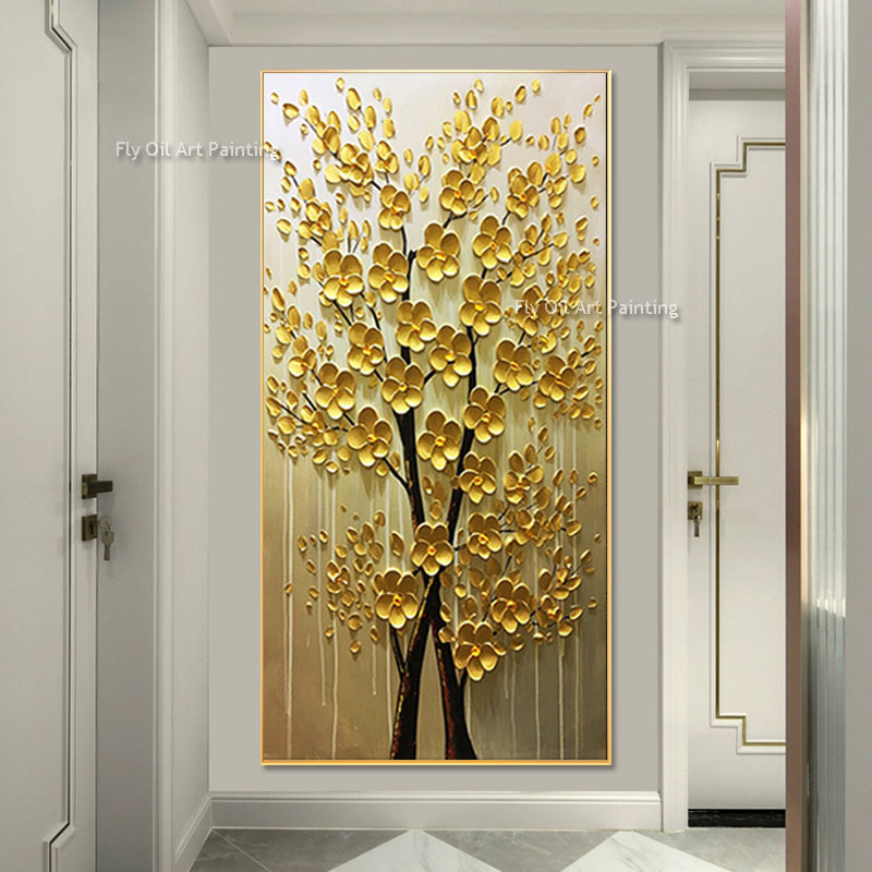 Good Luck Tree Feng Shui Painting Flower Oil Painting Landscape Flower Lucky Big Golden Tree Wall Hanging Canvas Painting Background Painting Plants Decor